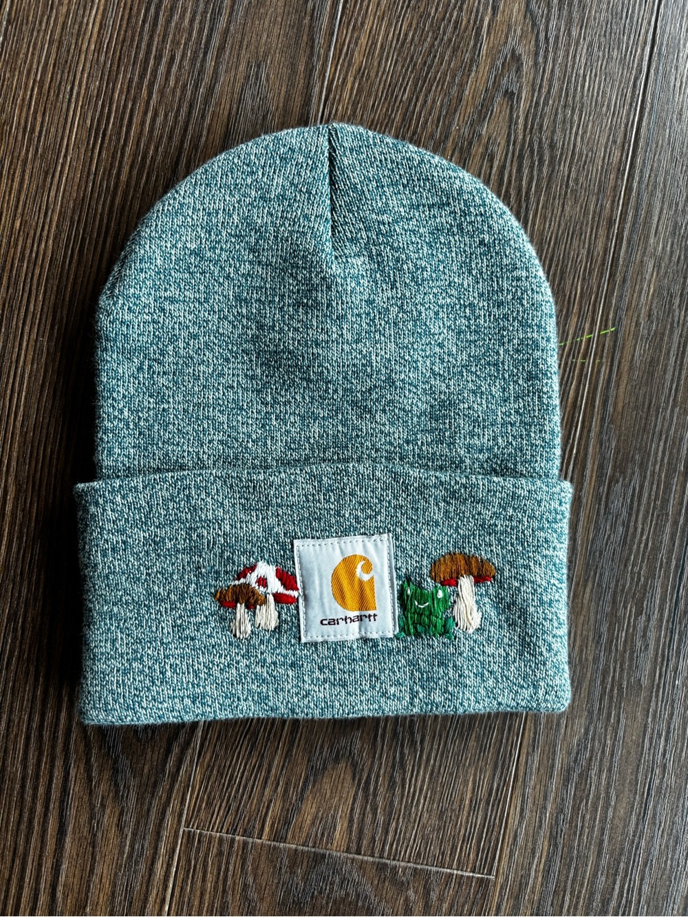 Carhartt Teal Green Knit Beanie with Embroidered Mushrooms